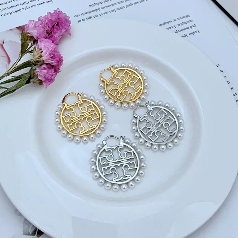 Tory Burch Pearl Inlaid Hollow Letter Metal Earrings